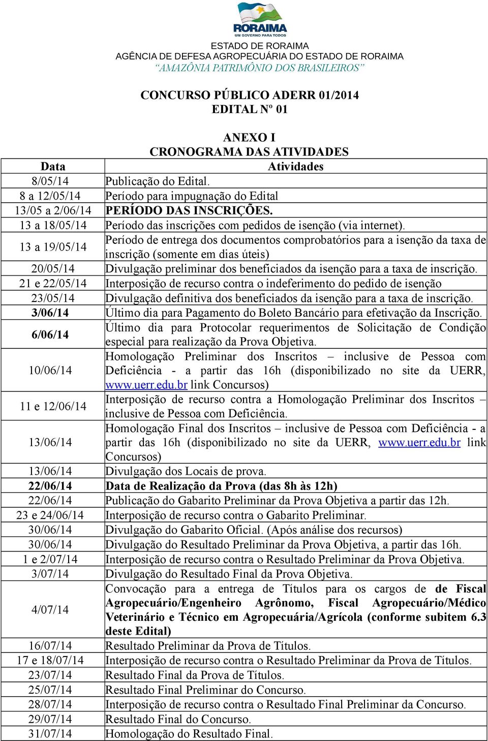 13 a 19/05/14 Período de entrega dos documentos comprobatórios para a isenção da taxa de inscrição (somente em dias úteis) 20/05/14 Divulgação preliminar dos beneficiados da isenção para a taxa de