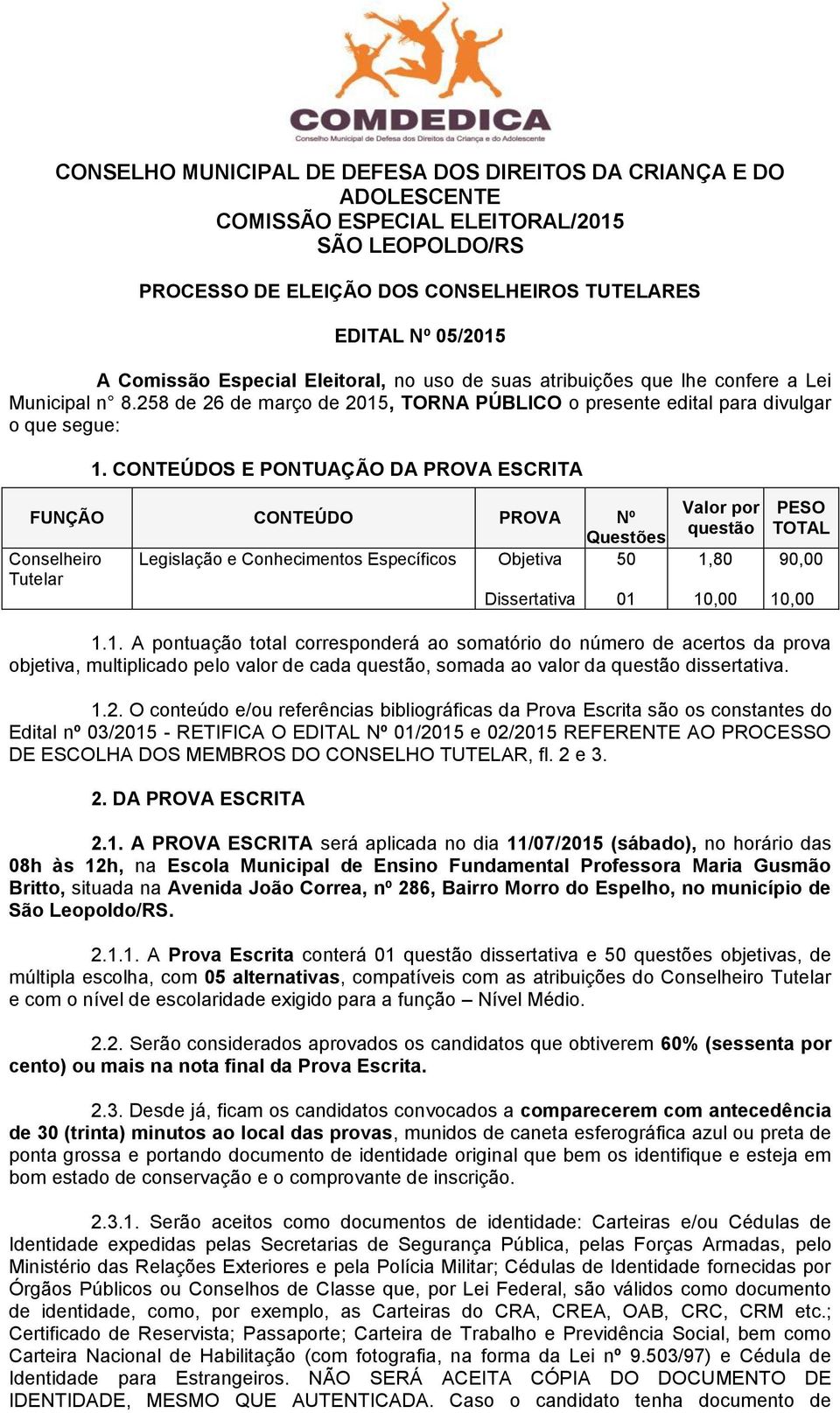 CONTEÚDOS E PONTUAÇÃO DA PROVA ESCRITA FUNÇÃO CONTEÚDO PROVA Nº Questões Conselheiro Legislação e Conhecimentos Específicos Objetiva 50 Tutelar Dissertativa 01 Valor por questão 1,80 10,00 PESO TOTAL