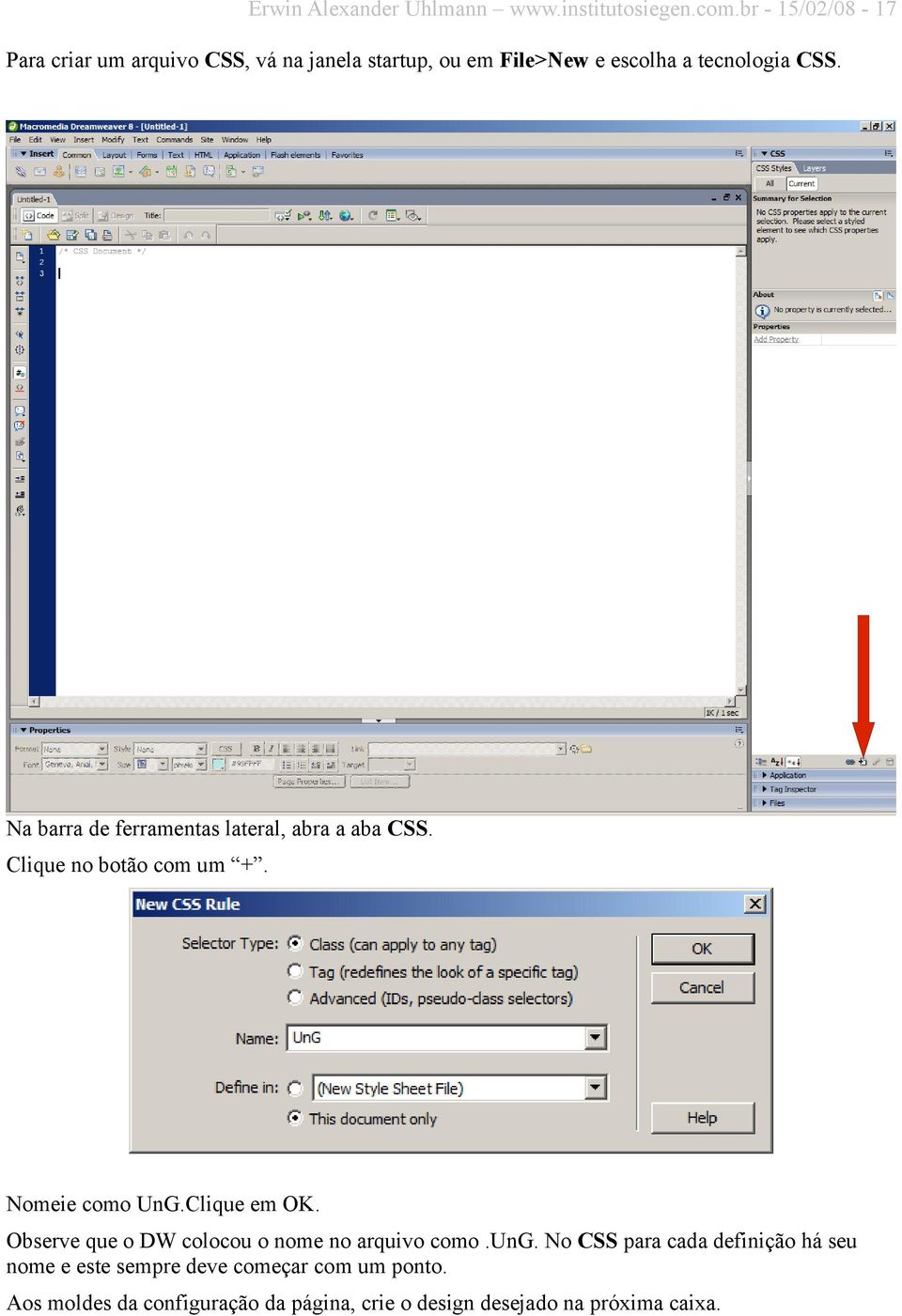 Na barra de ferramentas lateral, abra a aba CSS. Clique no botão com um +. Nomeie como UnG.Clique em OK.