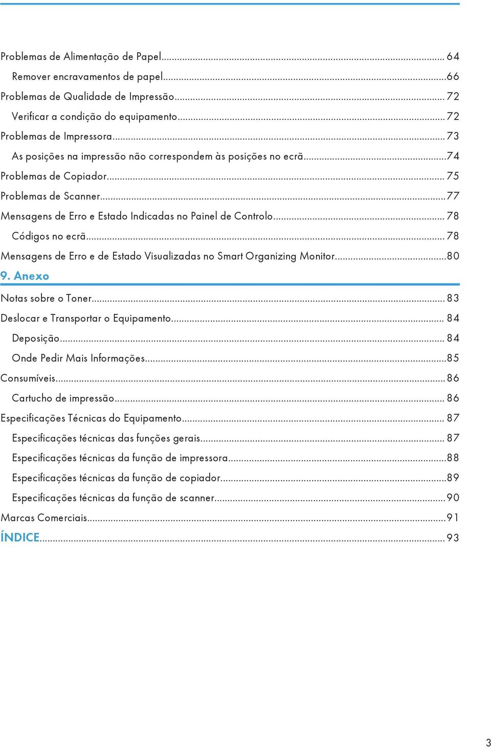 .. 78 Códigos no ecrã... 78 Mensagens de Erro e de Estado Visualizadas no Smart Organizing Monitor...80 9. Anexo Notas sobre o Toner... 83 Deslocar e Transportar o Equipamento... 84 Deposição.