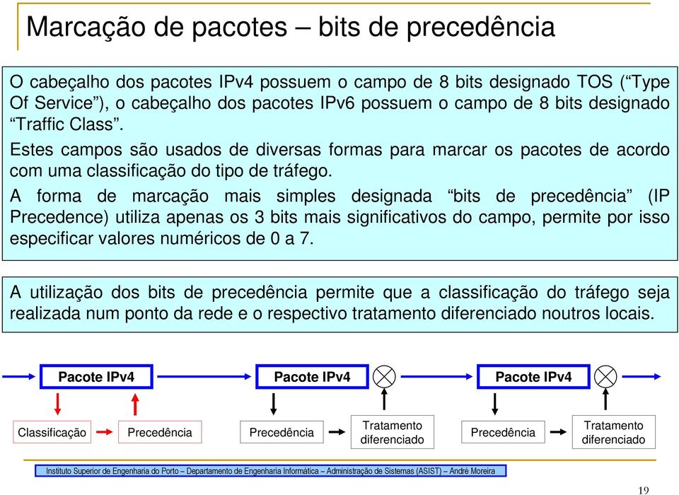 A forma de marcação mais simples designada bits de precedência (IP Precedence) utiliza apenas os 3 bits mais significativos do campo, permite por isso especificar valores numéricos de 0 a 7.