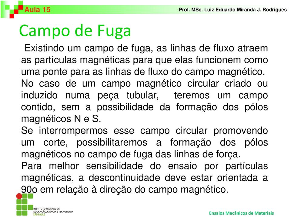 No caso de um campo magnético circular criado ou induzido numa peça tubular, teremos um campo contido, sem a possibilidade da formação dos pólos magnéticos N