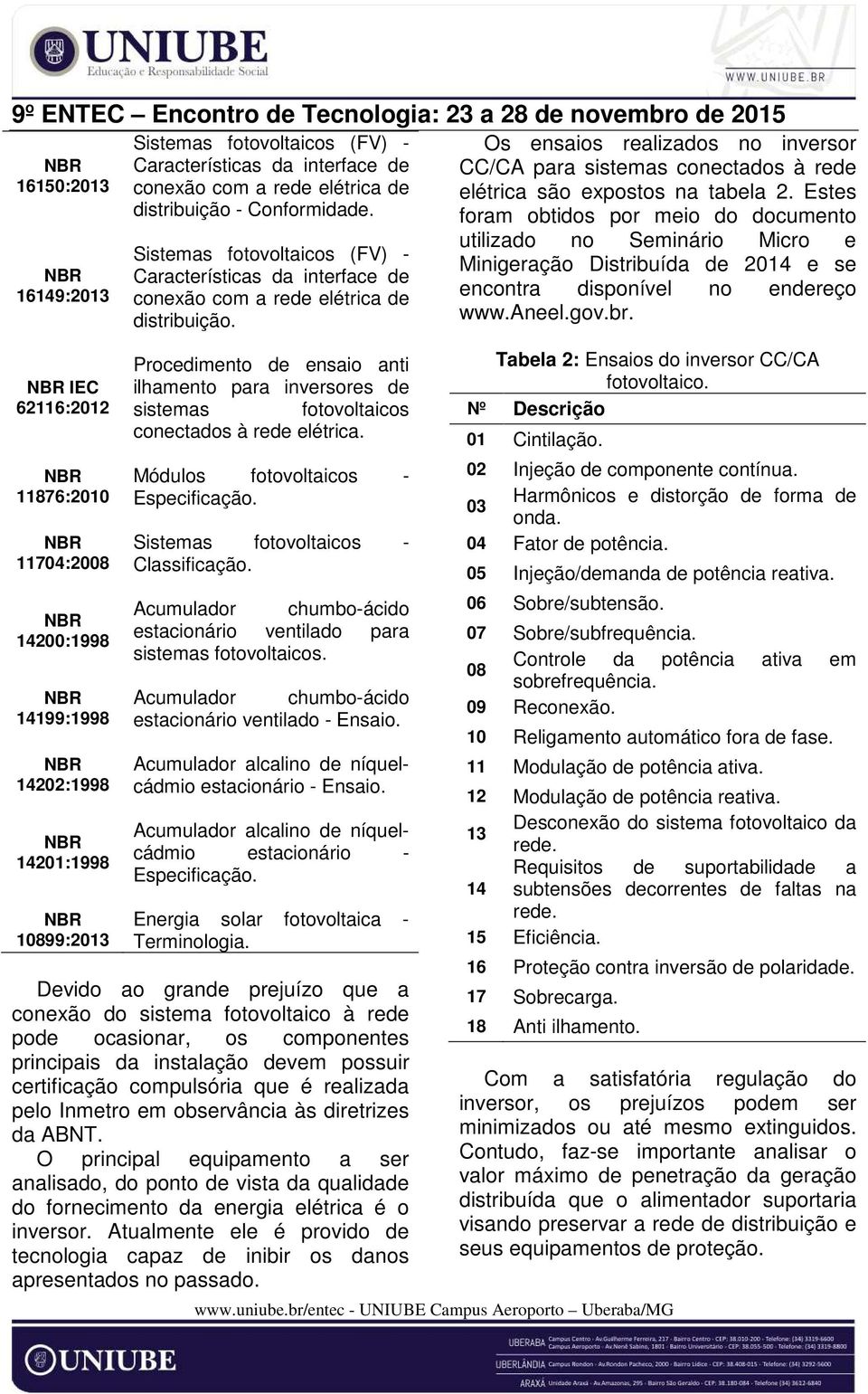 Procedimento de ensaio anti ilhamento para inversores de sistemas fotovoltaicos conectados à rede elétrica. Módulos fotovoltaicos - Especificação. Sistemas fotovoltaicos - Classificação.