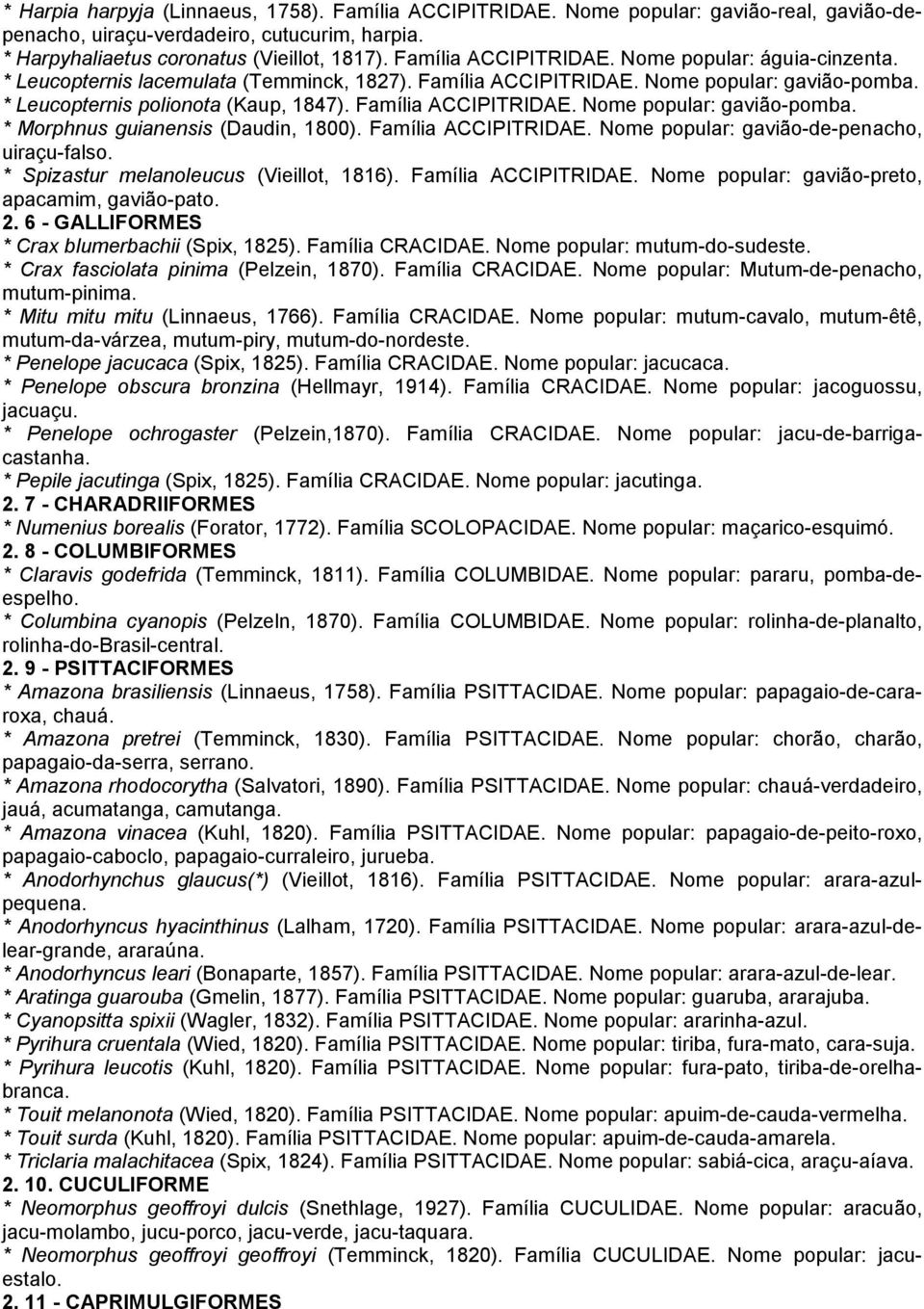 Família ACCIPITRIDAE. Nome popular: gavião-pomba. * Morphnus guianensis (Daudin, 1800). Família ACCIPITRIDAE. Nome popular: gavião-de-penacho, uiraçu-falso. * Spizastur melanoleucus (Vieillot, 1816).