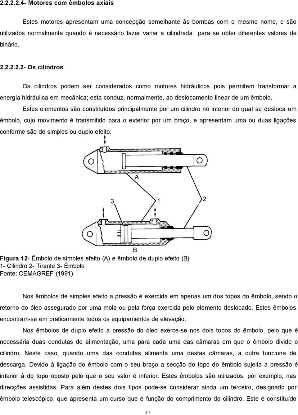 2.2.2.2- Os cilindros Os cilindros podem ser considerados como motores hidráulicos pois permitem transformar a energia hidráulica em mecânica; esta conduz, normalmente, ao deslocamento linear de um