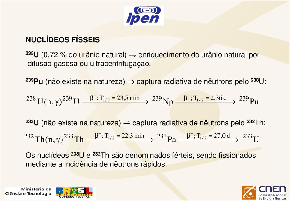 2,36 d 239 Pu 233 U (não existe na natureza) captura radiativa de nêutrons pelo 232 Th: 232 233 β ; T 1 / 2 = 22,3 min 233 β ; T1/ 2