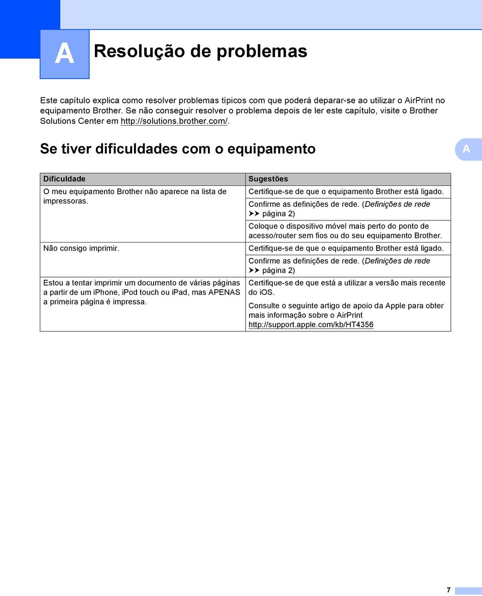 Se tiver dificuldades com o equipamento A A Dificuldade O meu equipamento Brother não aparece na lista de impressoras. Não consigo imprimir.