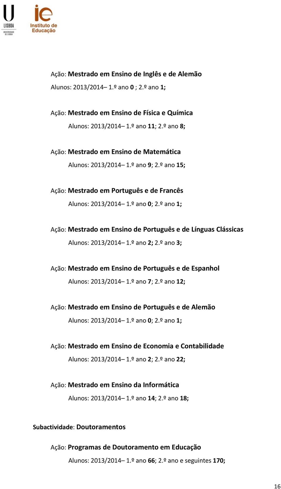 º an 1; Açã: Mestrad em Ensin de Prtuguês e de Línguas Clássicas Aluns: 2013/2014 1.º an 2; 2.º an 3; Açã: Mestrad em Ensin de Prtuguês e de Espanhl Aluns: 2013/2014 1.º an 7; 2.