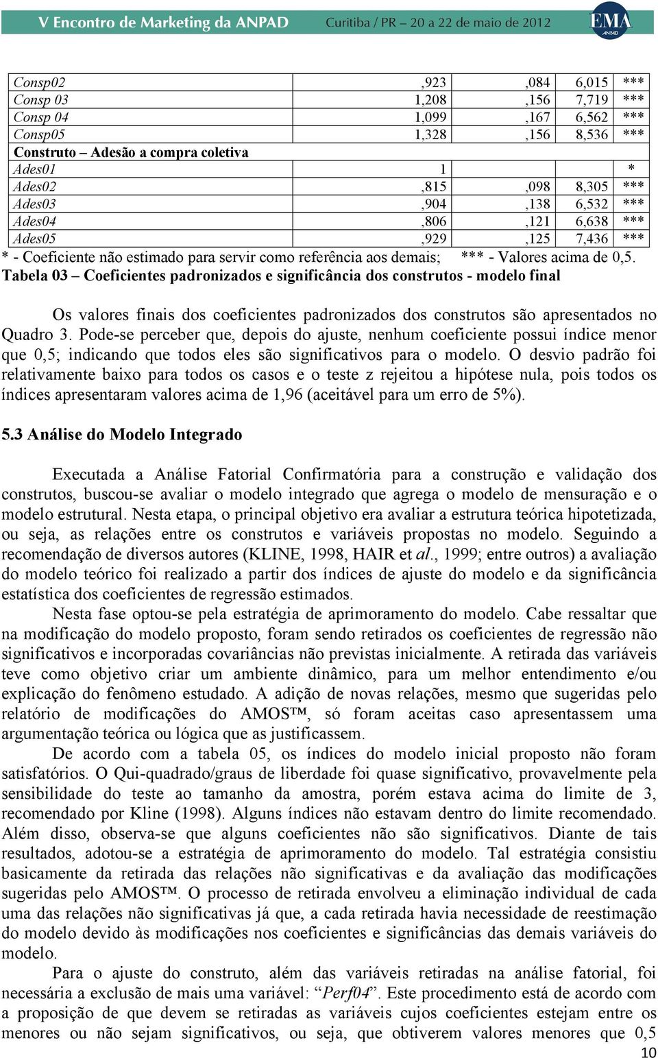 Tabela 03 Coeficientes padronizados e significância dos construtos - modelo final Os valores finais dos coeficientes padronizados dos construtos são apresentados no Quadro 3.