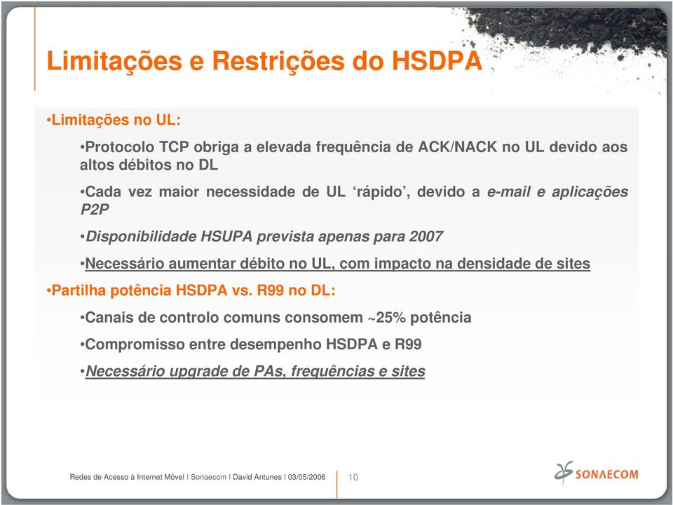 para 2007 Necessário aumentar débito no UL, com impacto na densidade de sites Partilha potência HSDPA vs.