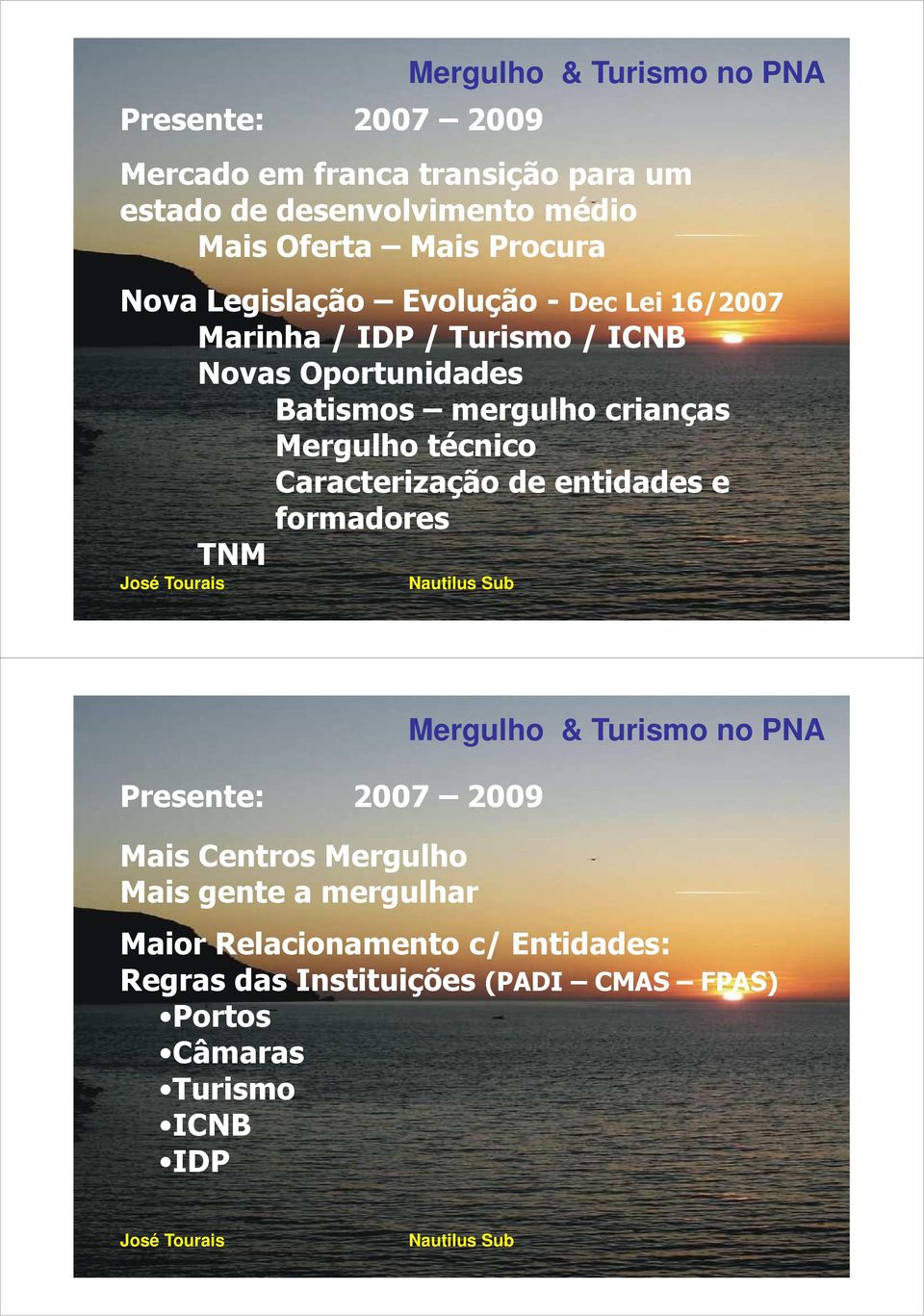 crianças Mergulho técnico Caracterização de entidades e formadores TNM Presente: 2007 2009 Mais Centros Mergulho