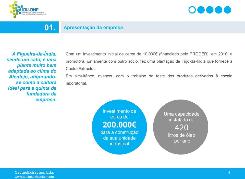 000 (financiado pelo PRODER), em 2010, a promotora, juntamente com outro sócio, fez uma plantação de Figo-da-Índia que fornece a CactusExtractus.