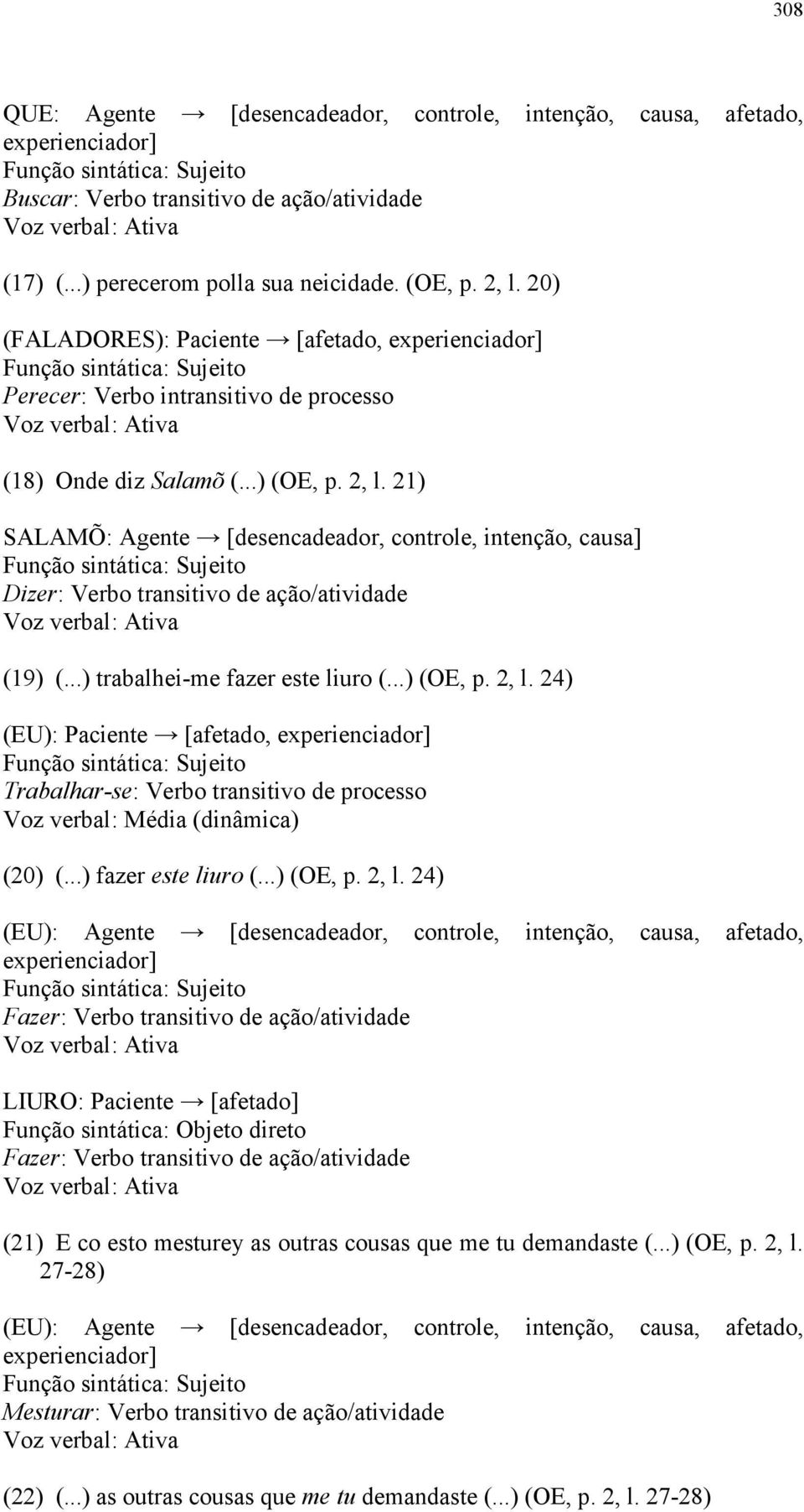 21) SALAMÕ: Agente [desencadeador, controle, intenção, causa] Dizer: Verbo transitivo de ação/atividade (19) (...) trabalhei-me fazer este liuro (...) (OE, p. 2, l.