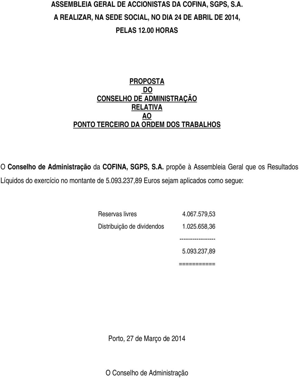 237,89 Euros sejam aplicados como segue: Reservas livres 4.067.579,53 Distribuição de dividendos 1.025.