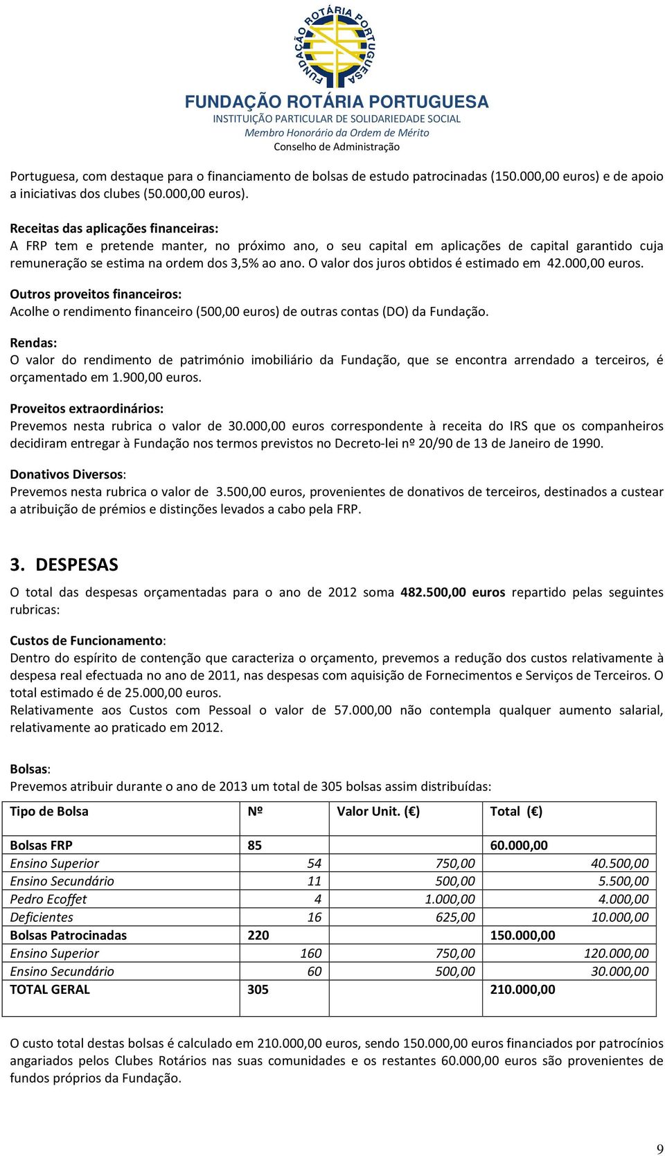 Receitas das aplicações financeiras: A FRP tem e pretende manter, no próximo ano, o seu capital em aplicações de capital garantido cuja remuneração se estima na ordem dos 3,5% ao ano.