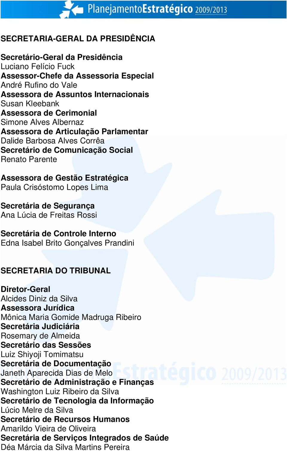 Crisóstomo Lopes Lima Secretária de Segurança Ana Lúcia de Freitas Rossi Secretária de Controle Interno Edna Isabel Brito Gonçalves Prandini SECRETARIA DO TRIBUNAL Diretor-Geral Alcides Diniz da