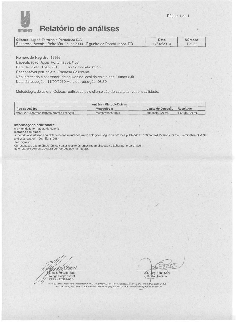 total responsabilidade. ' Análises Microbiologicas Tipo de Análise Metodologia Limite de Detecçao Resultado M003-2.