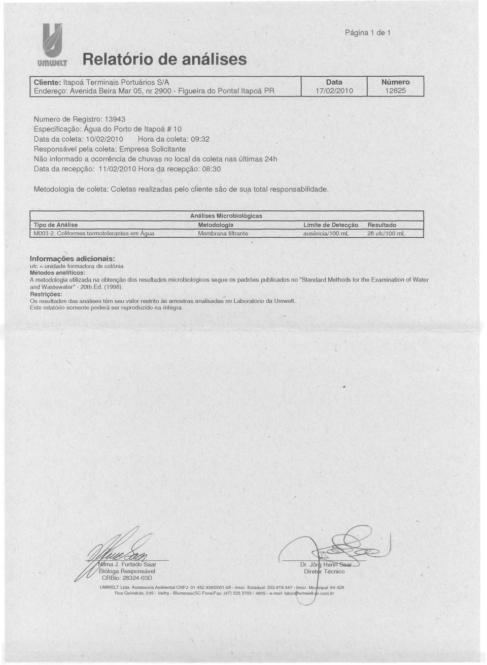 Especificação: Água do Porto de tapoá # 10 da coleta: 10/02/2010 Hora da coleta: 09:32 da recepção: 11/02/2010 Hora da recepção: 08:30 Metodologia de coleta: Coletas realizadas pelo cliente sáo de