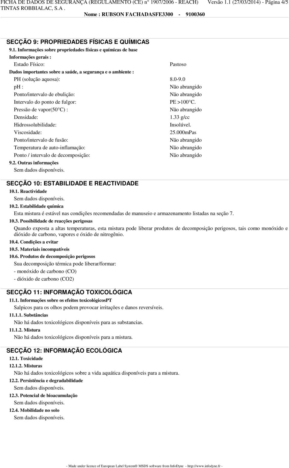 1 (27/03/2014) - Página 4/5 SECÇÃO 9: PROPRIEDADES FÍSICAS E QUÍMICAS 9.1. Informações sobre propriedades físicas e químicas de base Informações gerais : Estado Físico: Pastoso Dados importantes sobre a saúde, a segurança e o ambiente : PH (solução aquosa): 8.