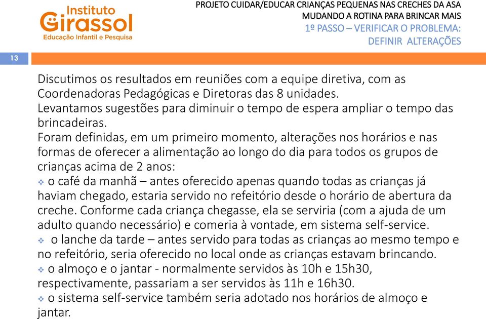 Foram definidas, em um primeiro momento, alterações nos horários e nas formas de oferecer a alimentação ao longo do dia para todos os grupos de crianças acima de 2 anos: o café da manhã antes