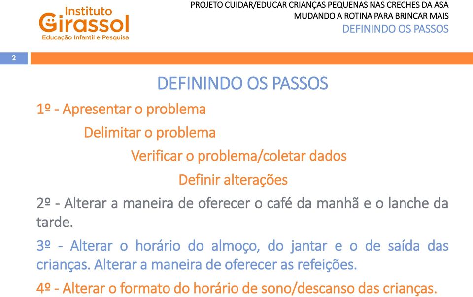 manhã e o lanche da tarde. 3º - Alterar o horário do almoço, do jantar e o de saída das crianças.