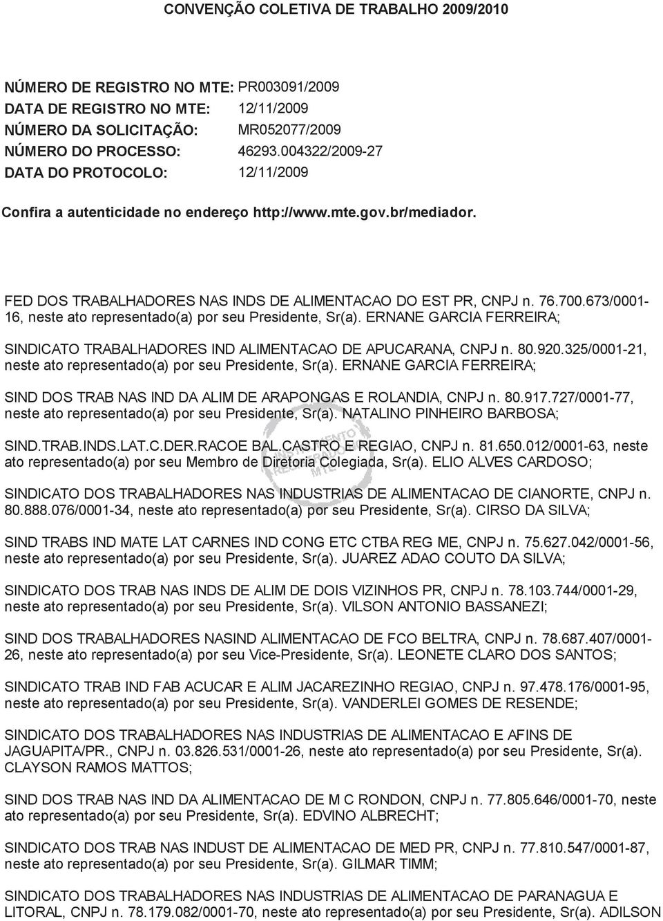 673/0001-16, neste ato representado(a) por seu Presidente, Sr(a). ERNANE GARCIA FERREIRA; SINDICATO TRABALHADORES IND ALIMENTACAO DE APUCARANA, CNPJ n. 80.920.