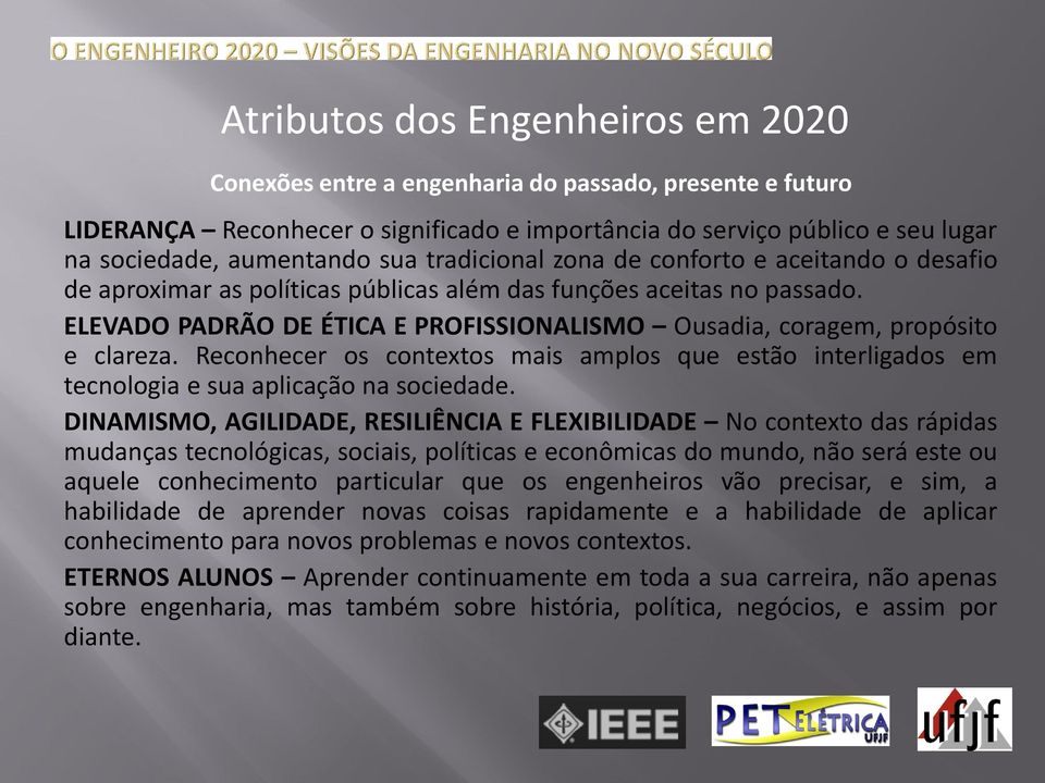 ELEVADO PADRÃO DE ÉTICA E PROFISSIONALISMO Ousadia, coragem, propósito e clareza. Reconhecer os contextos mais amplos que estão interligados em tecnologia e sua aplicação na sociedade.