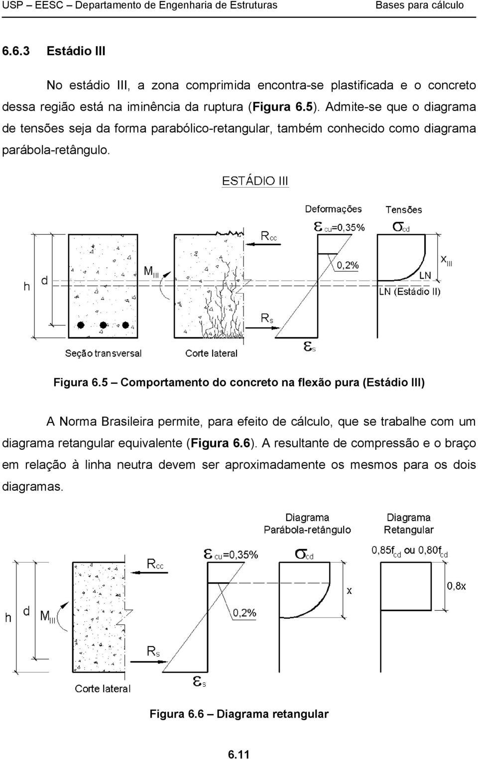 5 Comportamento do concreto na flexão pura (Estádio III) A Norma Brasileira permite, para efeito de cálculo, que se trabalhe com um diagrama retangular