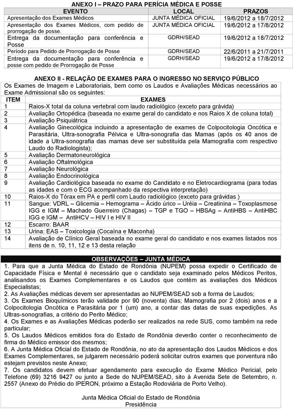 Entrega da documentação para conferência e GDRH/SEAD 19/6/2012 a 18/7/2012 Posse Período para Pedido de Prorrogação de Posse GDRH/SEAD 22/6/2011 a 21/7/2011 Entrega da documentação para conferência e