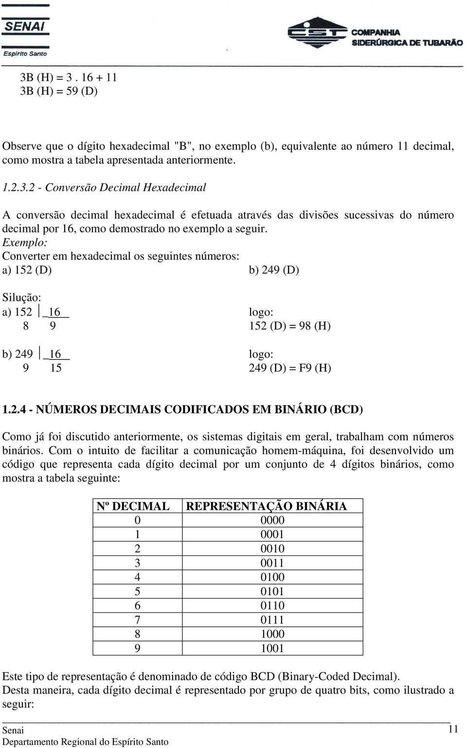 (D) b) 249 (D) Silução: a) 152 _16. logo:: 8 9 152 (D) = 98 (H) b) 249 _16. logo:: 9 15 249 (D) = F9 (H) 1.2.4 - NÚMEROS DECIMAIS CODIFICADOS EM BINÁRIO (BCD) Como já foi discutido anteriormente, os sistemas digitais em geral, trabalham com números binários.