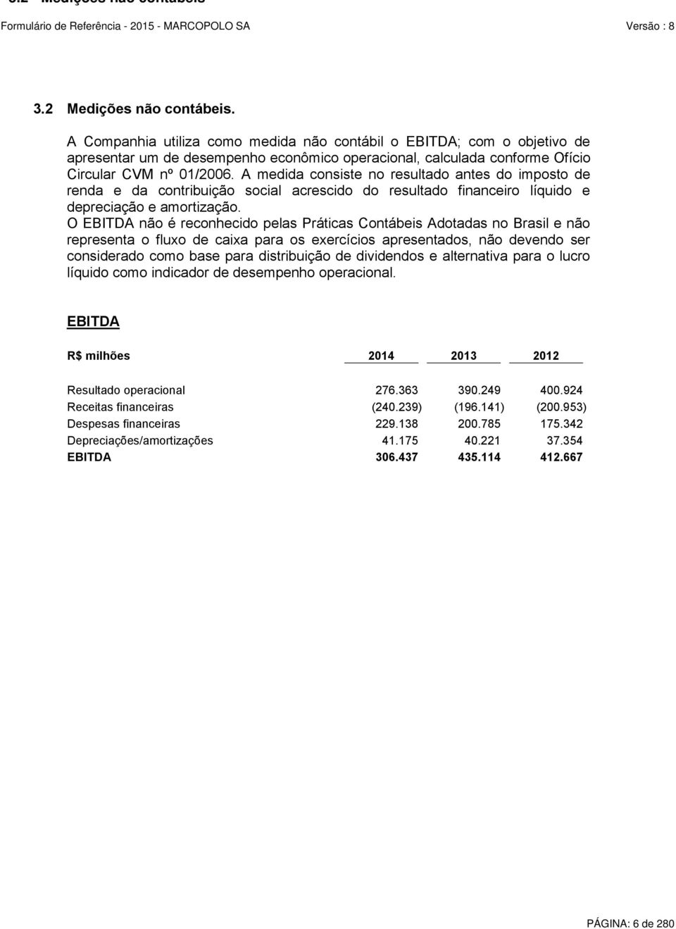 A medida consiste no resultado antes do imposto de renda e da contribuição social acrescido do resultado financeiro líquido e depreciação e amortização.