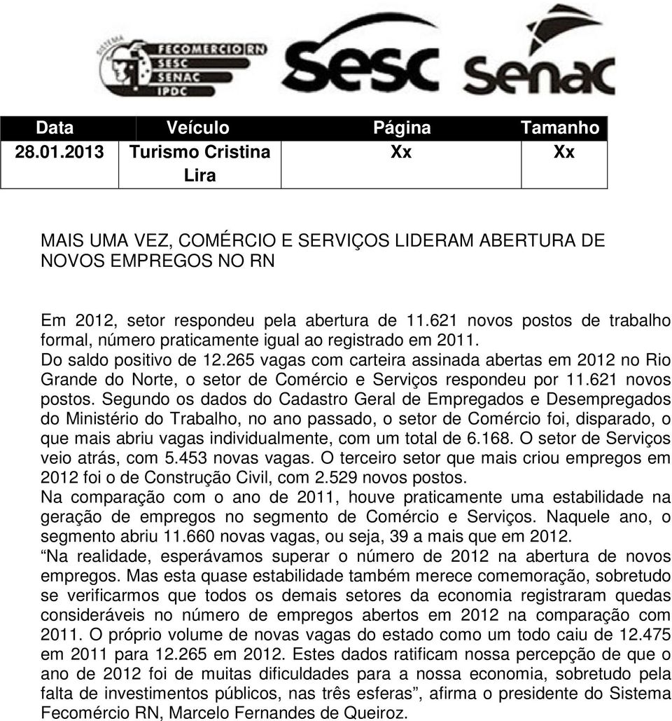 265 vagas com carteira assinada abertas em 2012 no Rio Grande do Norte, o setor de Comércio e Serviços respondeu por 11.621 novos postos.