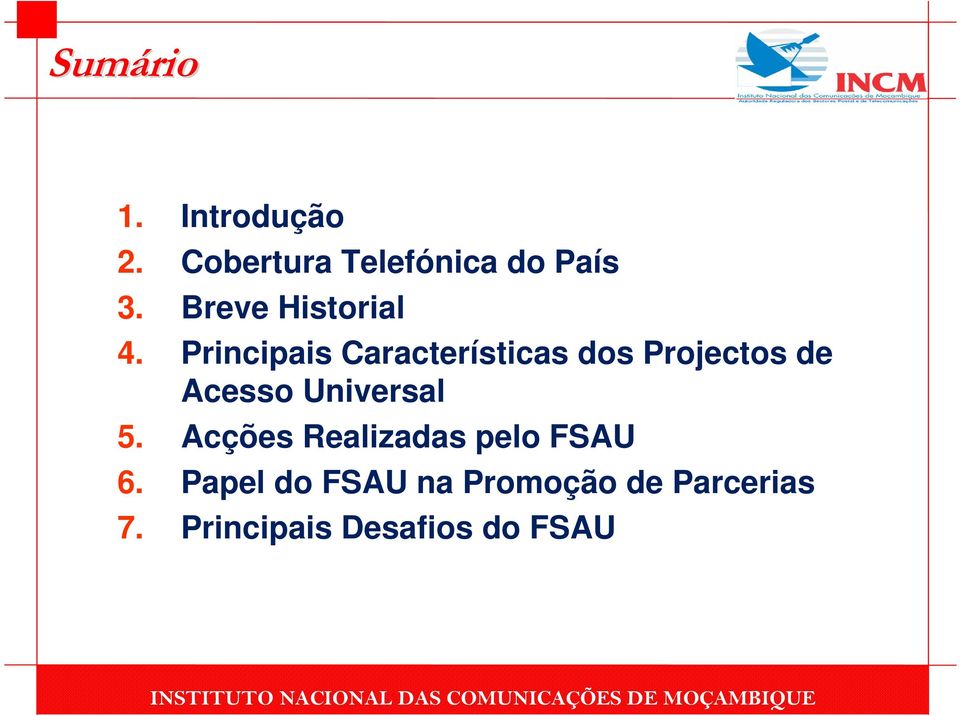 Principais Características dos Projectos de Acesso