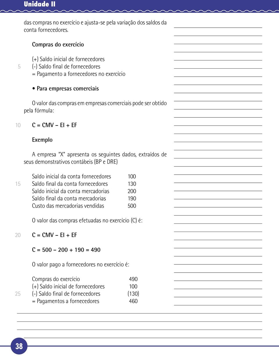 ser obtido pela fórmula: C = CMV EI + EF Exemplo A empresa X apresenta os seguintes dados, extraídos de seus demonstrativos contábeis (BP e DRE) 1 Saldo inicial da conta fornecedores 0 Saldo final da