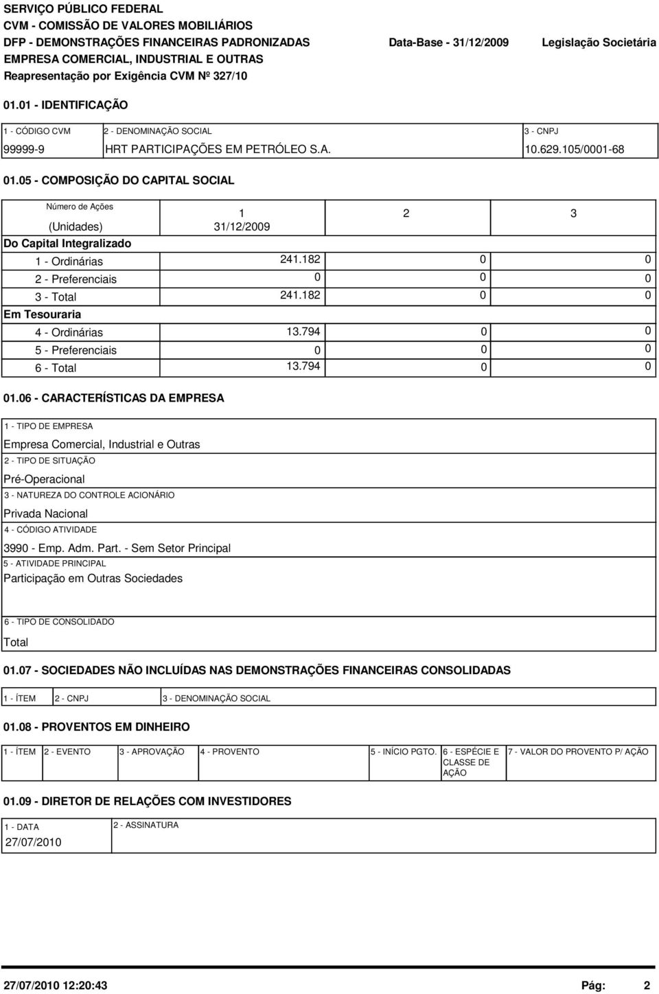 5 - COMPOSIÇÃO DO CAPITAL SOCIAL Número de Ações (Unidades) Do Capital Integralizado 1 - Ordinárias 2 - Preferenciais 3 - Total Em Tesouraria 4 - Ordinárias 5 - Preferenciais 6 - Total 1 31/12/29 241.