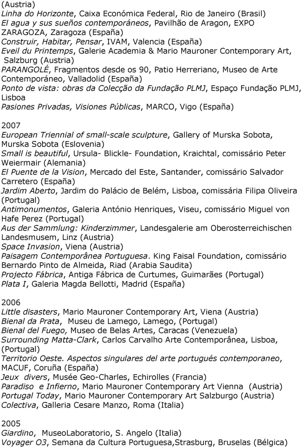Valladolid (España) Ponto de vista: obras da Colecção da Fundação PLMJ, Espaço Fundação PLMJ, Lisboa Pasiones Privadas, Visiones Públicas, MARCO, Vigo (España) 2007 European Triennial of small-scale