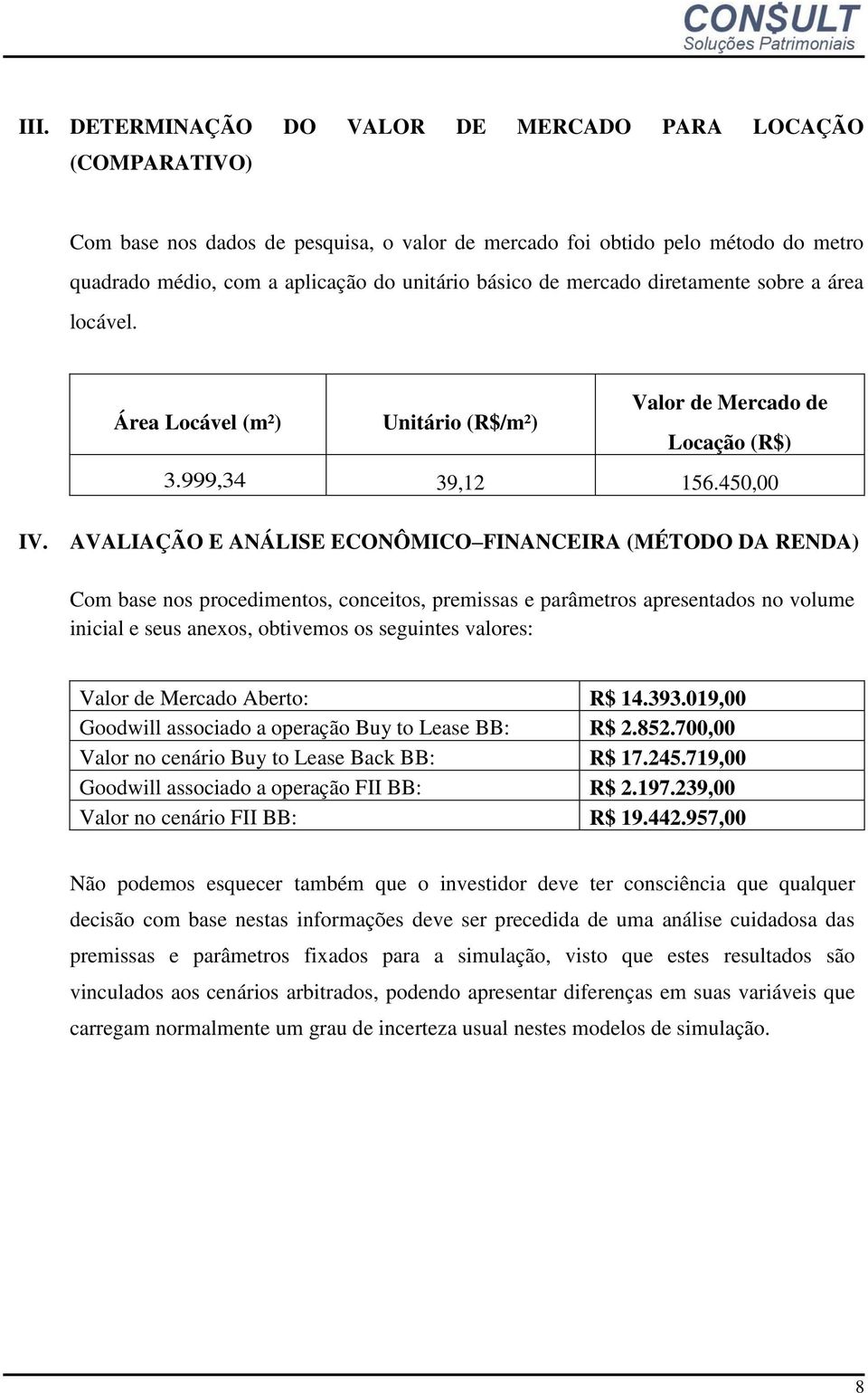 AVALIAÇÃO E ANÁLISE ECONÔMICO FINANCEIRA (MÉTODO DA RENDA) Com base nos procedimentos, conceitos, premissas e parâmetros apresentados no volume inicial e seus anexos, obtivemos os seguintes valores: