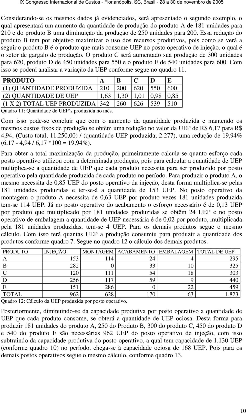 Essa redução do produto B tem por objetivo maximizar o uso dos recursos produtivos, pois como se verá a seguir o produto B é o produto que mais consome UEP no posto operativo de injeção, o qual é o