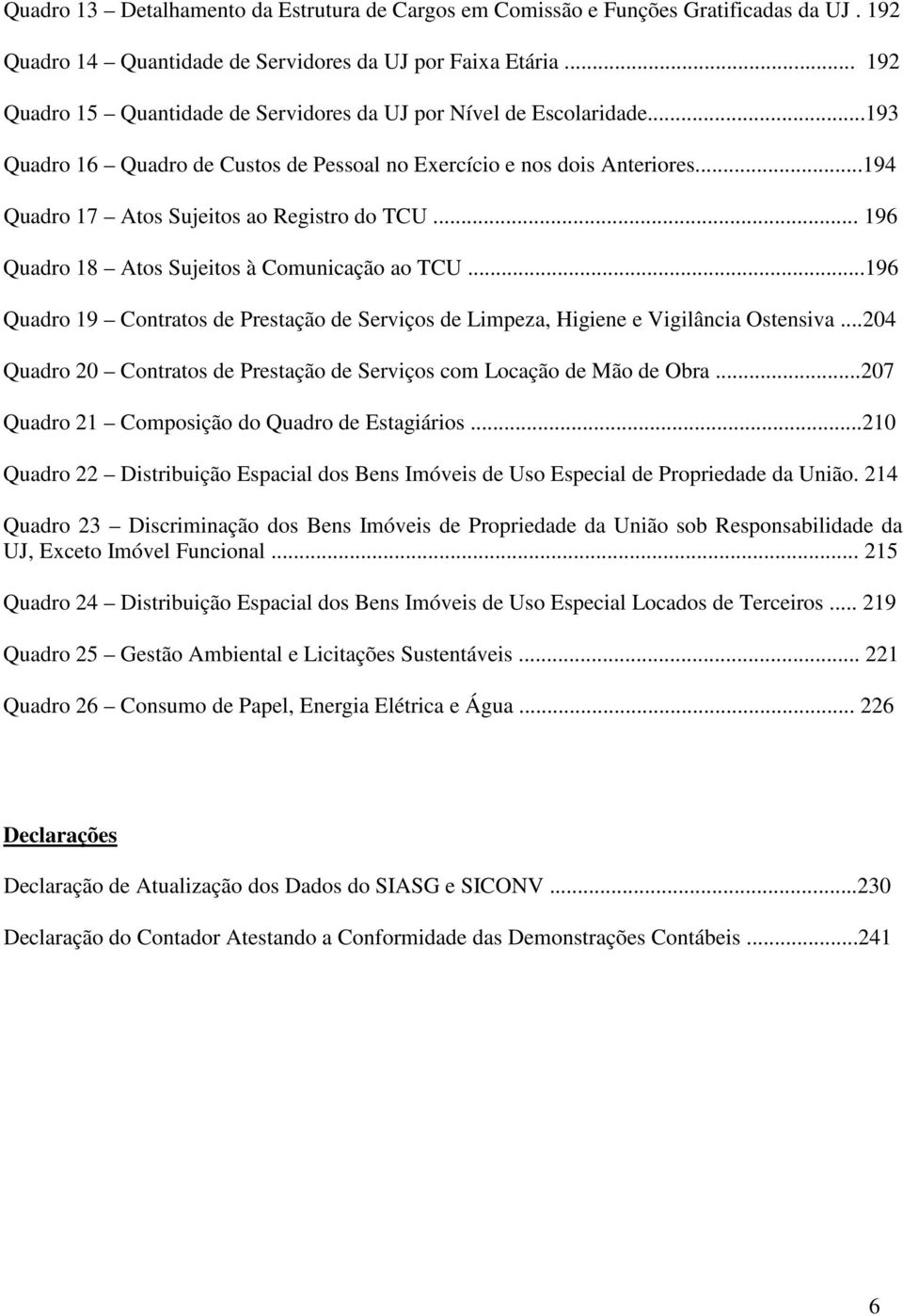 .. 196 Quadro 18 Atos Sujeitos à Comunicação ao TCU...196 Quadro 19 Contratos de Prestação de Serviços de Limpeza, Higiene e Vigilância Ostensiva.