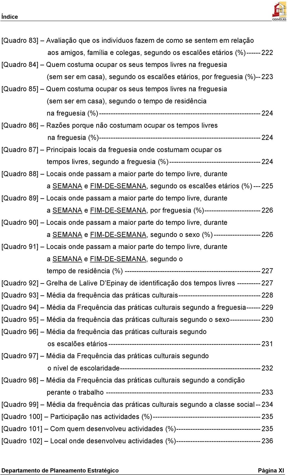 tempo de residência na freguesia (%)--------------------------------------------------------------------- 224 [Quadro 86] Razões porque não costumam ocupar os tempos livres na freguesia