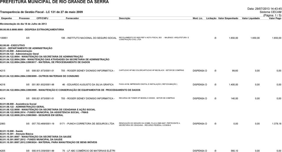 00.00 - EXECUTIVO 02.01 - DEPARTAMENTO DE ADMINISTRAÇÃO 02.01.04.000 - Administração 02.01.04.122 - Administração Geral 02.01.04.122.0004 