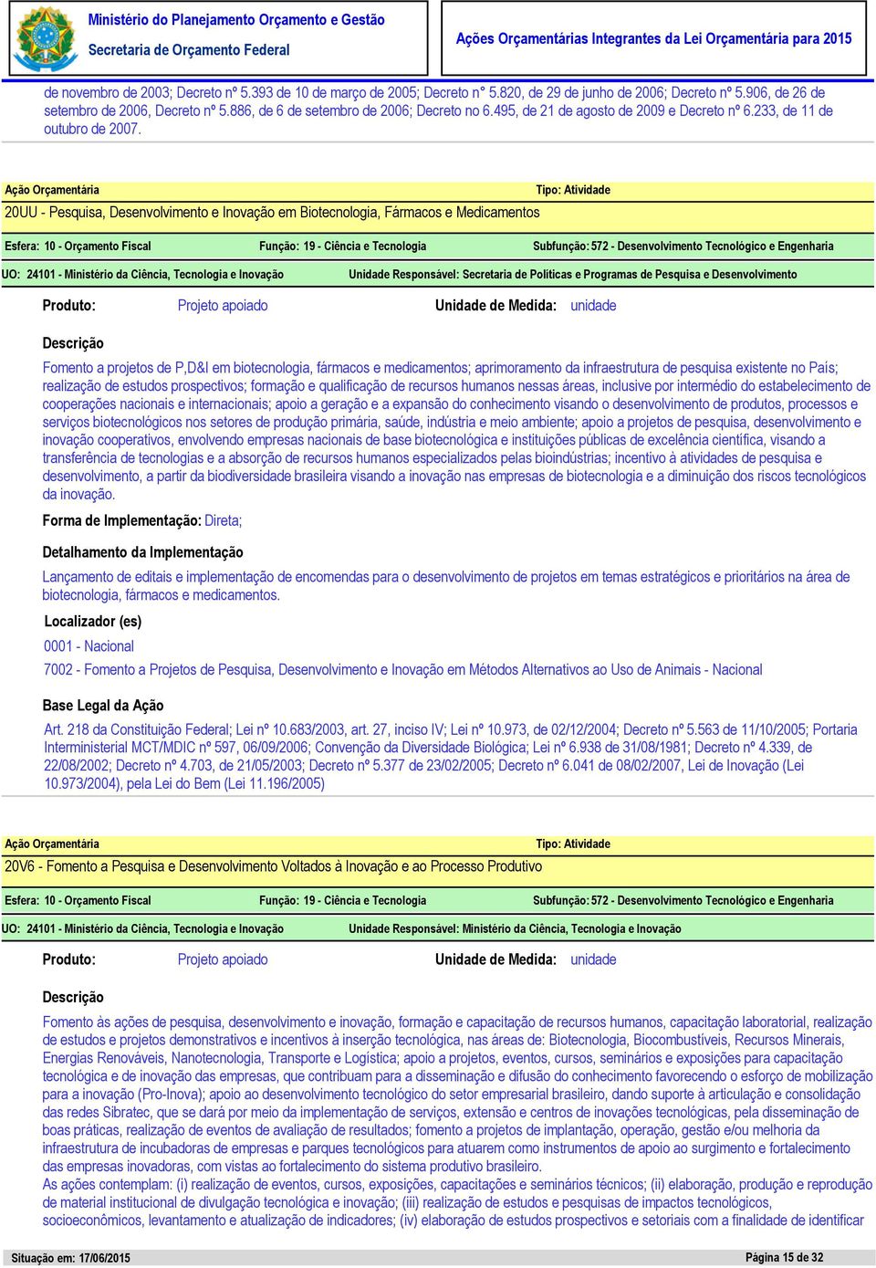 20UU - Pesquisa, Desenvolvimento e Inovação em Biotecnologia, Fármacos e Medicamentos Unidade Responsável: Secretaria de Políticas e Programas de Pesquisa e Desenvolvimento Fomento a projetos de