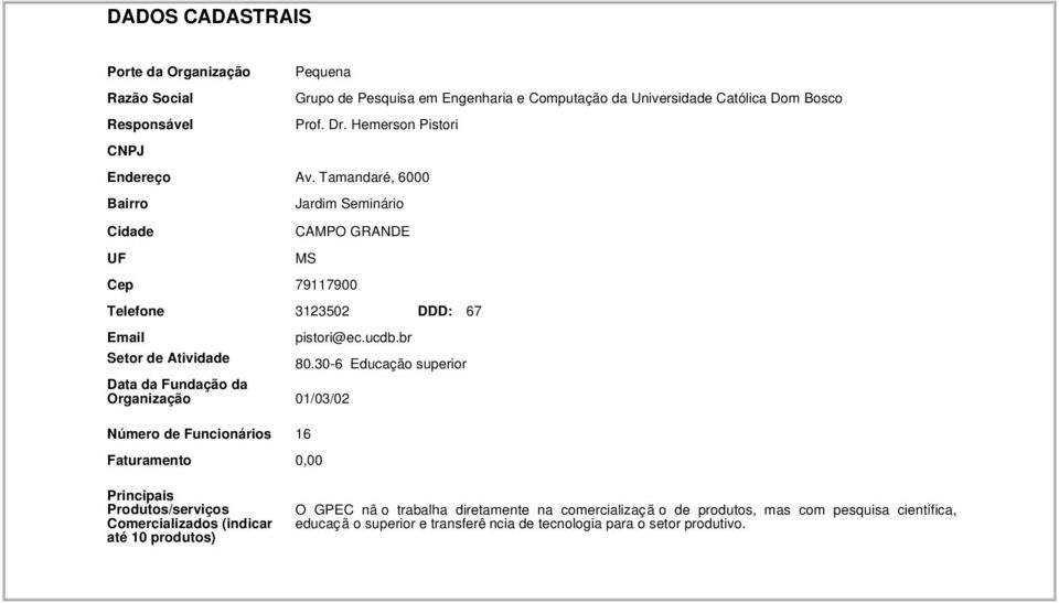 Tamandaré, 6 Jardim Seminário CAMPO GRANDE MS 791179 Telefone 312352 DDD: 67 Email Setor de Atividade Data da Fundação da Organização Número de Funcionários Faturamento