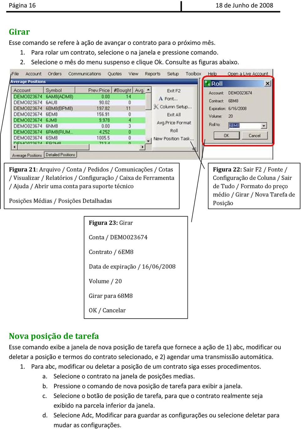 Figura 21: Arquivo / Conta / Pedidos / Comunicações / Cotas / Visualizar / Relatórios / Configuração / Caixa de Ferramenta / Ajuda / Abrir uma conta para suporte técnico Posições Médias / Posições