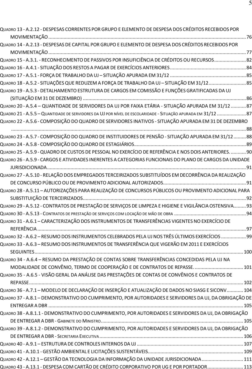 .. 85 QUADRO 18 - A.5.2 - SITUAÇÕES QUE REDUZEM A FORÇA DE TRABALHO DA UJ SITUAÇÃO EM 31/12... 85 QUADRO 19 - A.5.3 - DETALHAMENTO ESTRUTURA DE CARGOS EM COMISSÃO E FUNÇÕES GRATIFICADAS DA UJ (SITUAÇÃO EM 31 DE DEZEMBRO).