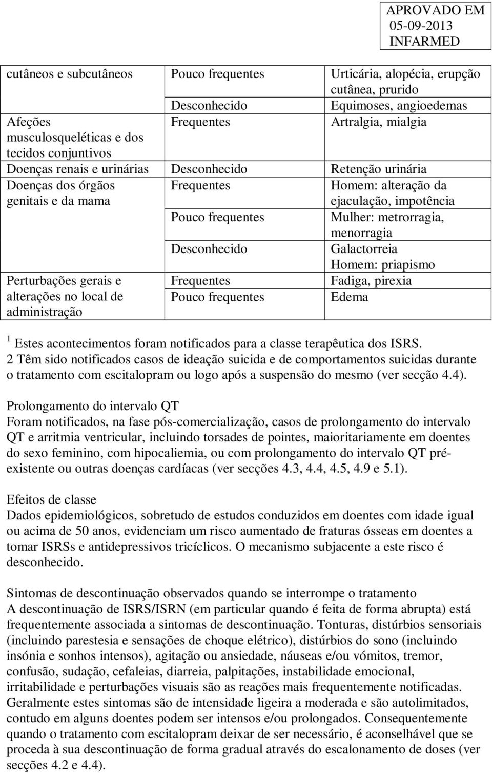 metrorragia, menorragia Desconhecido Galactorreia Homem: priapismo Perturbações gerais e Frequentes Fadiga, pirexia alterações no local de administração Pouco frequentes Edema 1 Estes acontecimentos