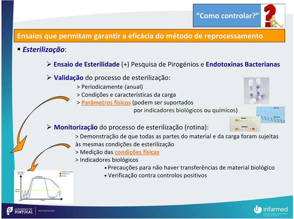 do processo de esterilização: > Periodicamente (anual) > Condições e características da carga > Parâmetros físicos(podem ser suportados por indicadores biológicos ou