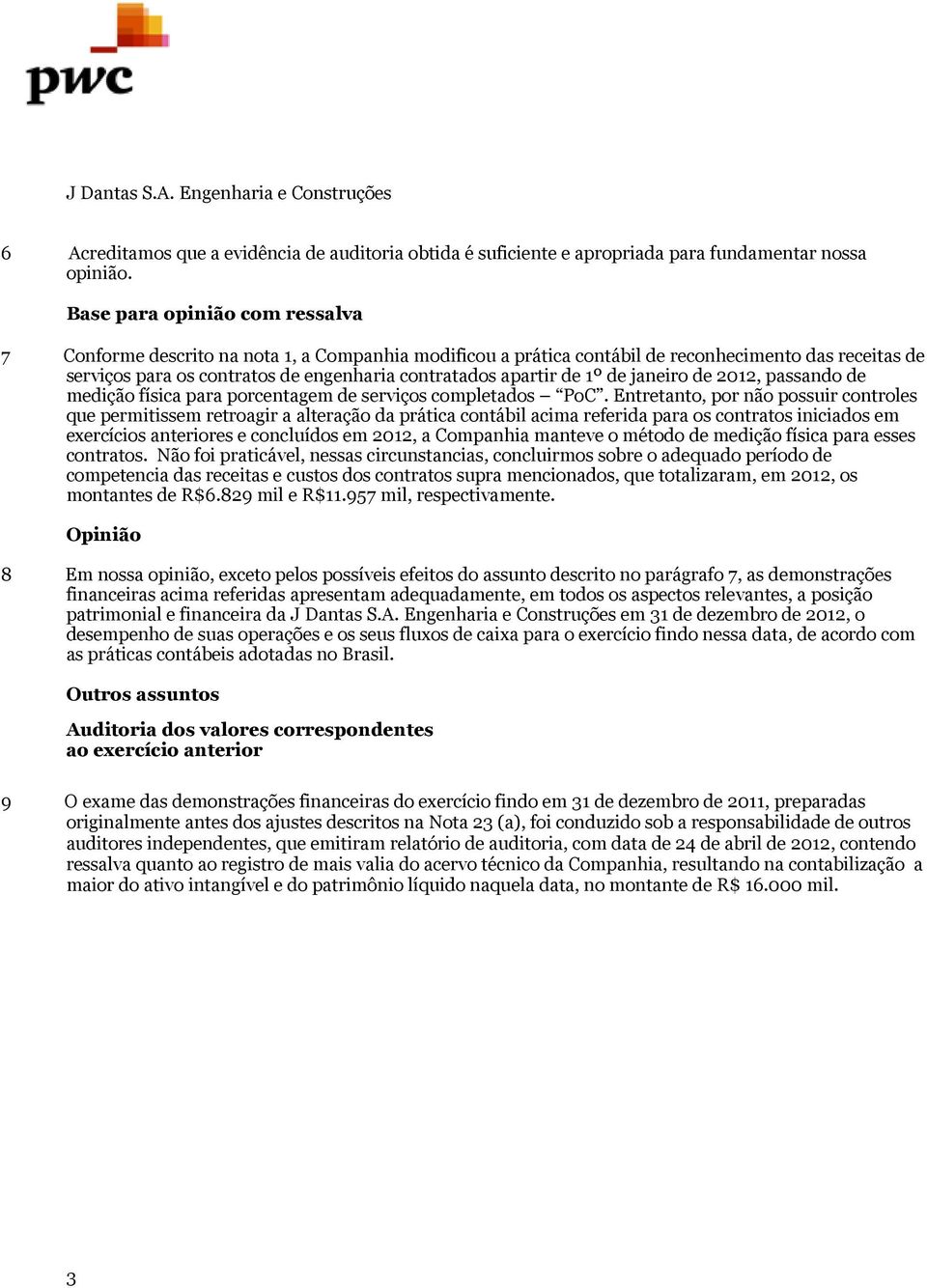 de 1º de janeiro de 2012, passando de medição física para porcentagem de serviços completados PoC.