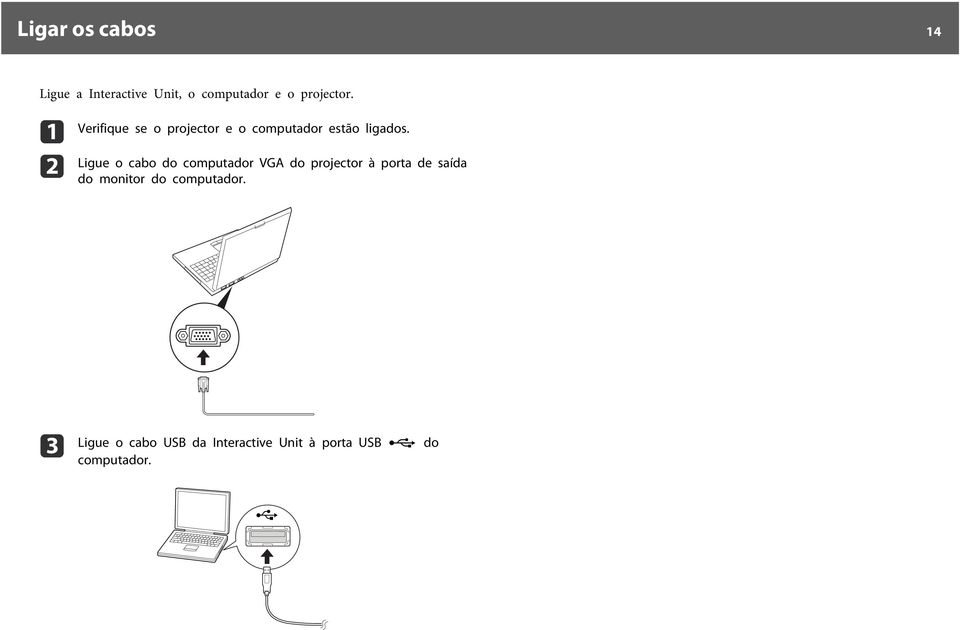 Ligue o cabo do computador VGA do projector à porta de saída do