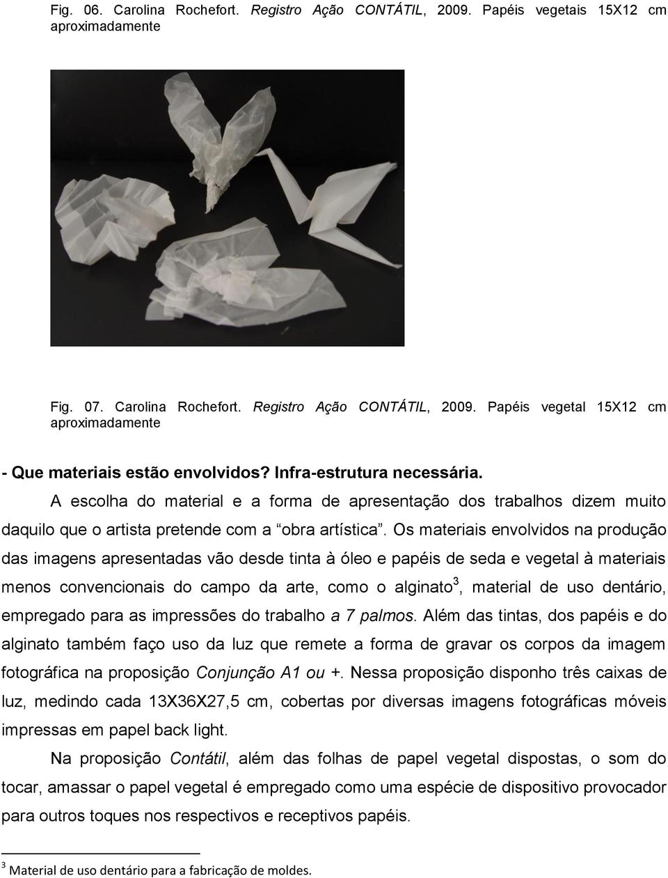 Os materiais envolvidos na produção das imagens apresentadas vão desde tinta à óleo e papéis de seda e vegetal à materiais menos convencionais do campo da arte, como o alginato 3, material de uso